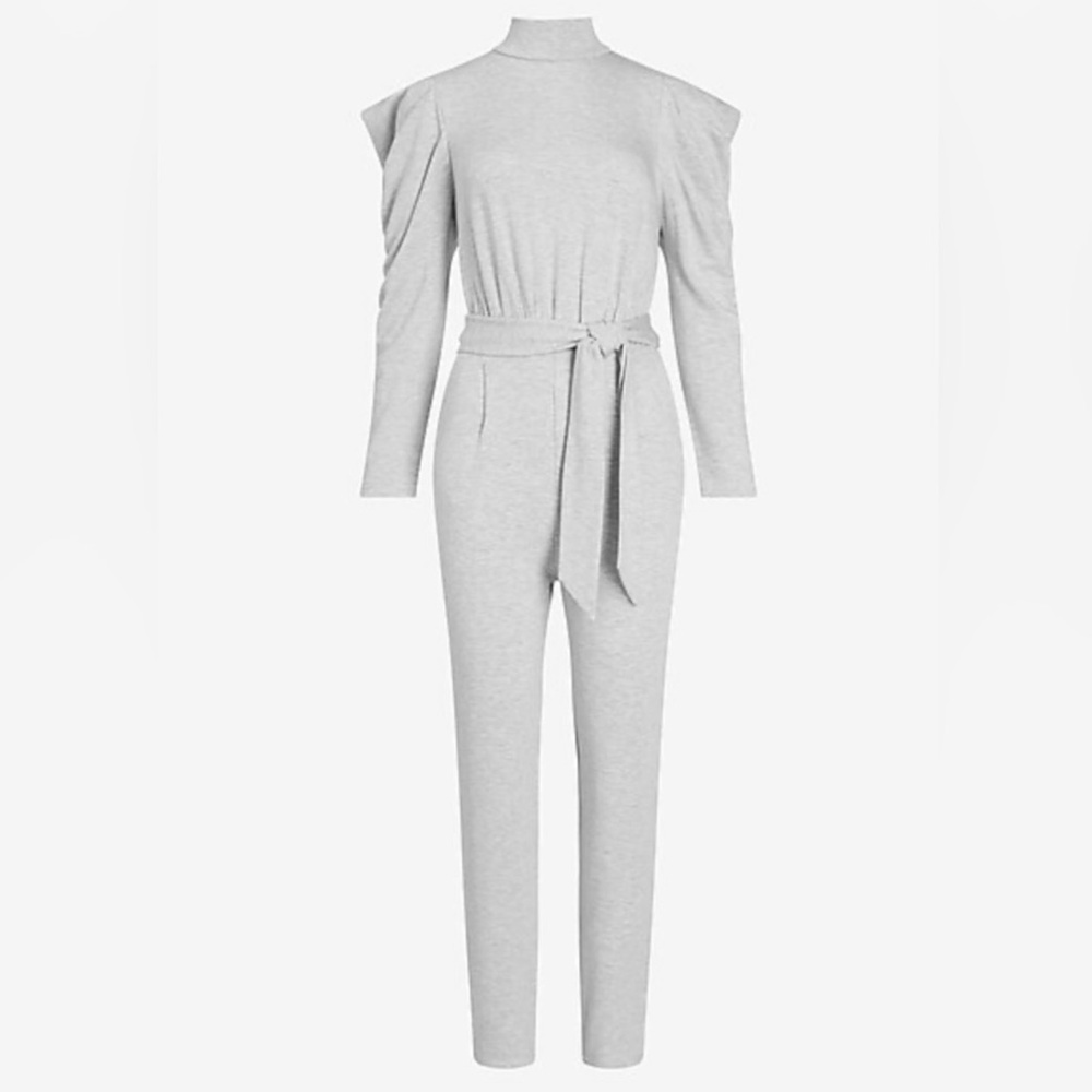 Express Tan Cozy Belted Puff Sleeve Lounge Jumpsuit, Size Small